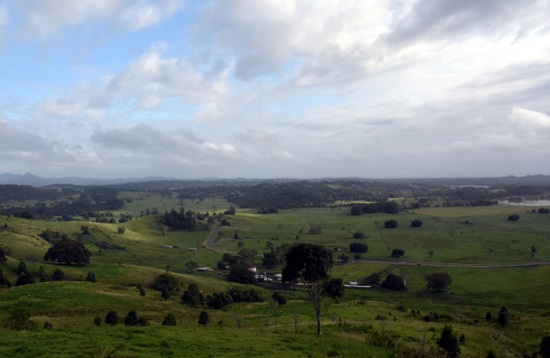 Countryside in North New South Wales with green fields. View from Minyon Falls lookout, Nightcap National Park.